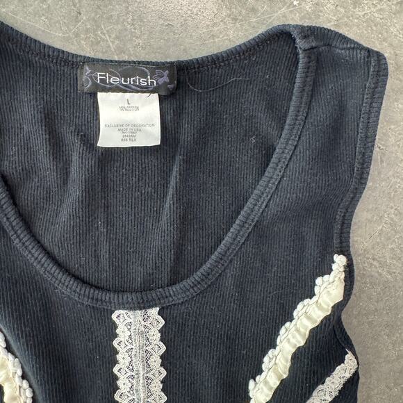 Vintage Y2K Ribbed Coquette Lace Black White Tank Top Made in USA Women's Small - Picture 3 of 5